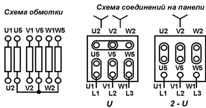 Схема соединения для односкоростных электродвигателей с последовательным или параллельным соединением параллельных ветвей фаз звезда двойная звезда